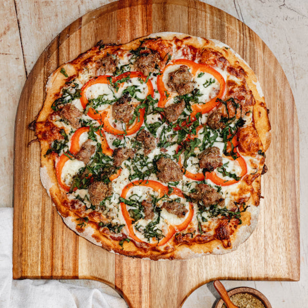Fennel Sausage Pizza with Kale and Fresh Red Pepper – Outside Table